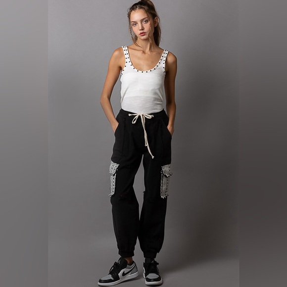 187B. Tie Waist Band Cargo Denim Jogger - Black - Picture 2 of 3